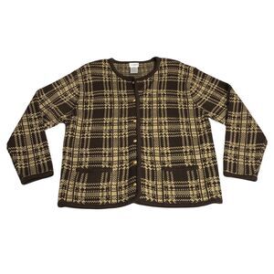Vintage Liz Baker Cardigan Sweater Womens Large Brown Plaid Acrylic Academia 90s